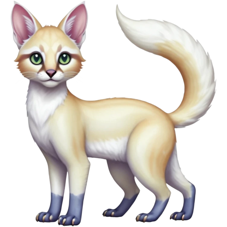 Colorful tropical pearly-albino-white iridescent glorious divine exotic cute cool beautiful shiny beautiful fantasy-caracal-civet-genet-sergal-vernid-Cacomistle-oncilla-animal-Fakémon-hybrid-fursona with tufted ears (full body) emoji