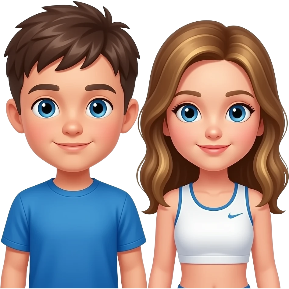 chico vestido de azul y chica grande vestida de blanco con un top corriendo, el chico castanyo i con pelo corto y la chica pelo suelto y un poco rubia pero castaño y los dos tienen ojos azules son hermanos emoji
