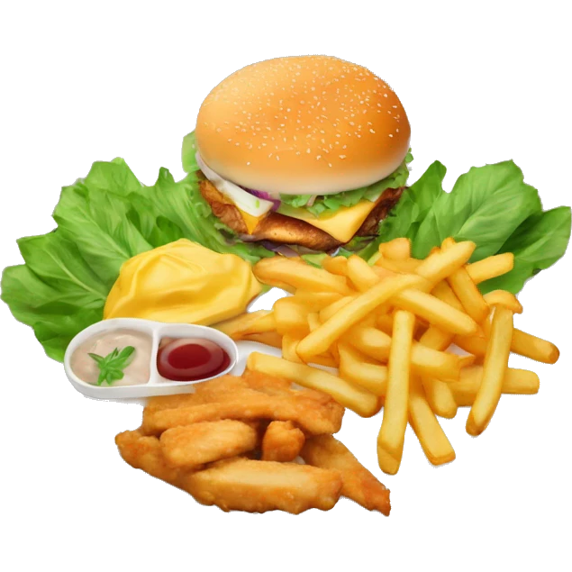 plate of food with chicken french fries burger and green leafs wide ange emoji
