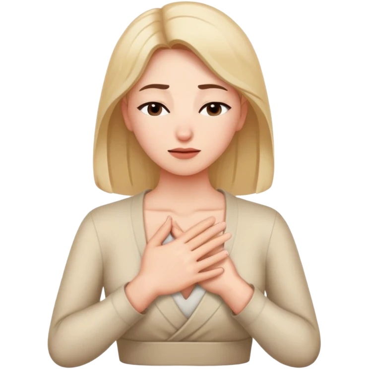 Woman making a “no thanks” gesture like refusing food or drinks offered. One hand on her chest, the other hand free, eyes closed emoji