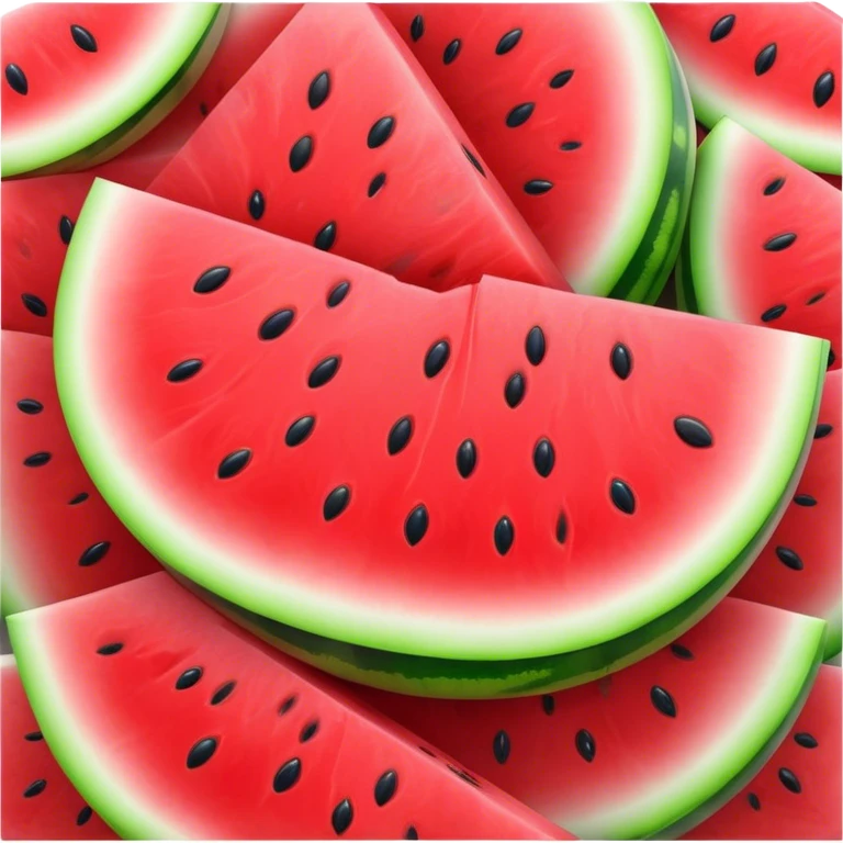 Cinematic juicy watermelon, thick slices revealing vibrant red interior, glossy and glistening with tiny black seeds, fresh and refreshing, soft glowing background, summer vibes. emoji