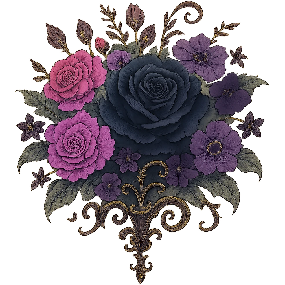 gothic bouquet, mix of black, pink, and purple flowers, ornate details, elegant, whimsical, soft lighting emoji
