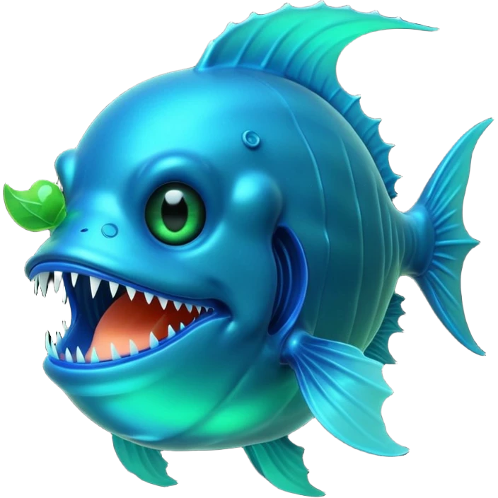 3D render of Anglerfish, bioluminescent deep sea style, glowing neon blue and green lights, dark background to contrast the glow, translucent organic textures, Apple emoji style, 3D render --v 6.0 emoji