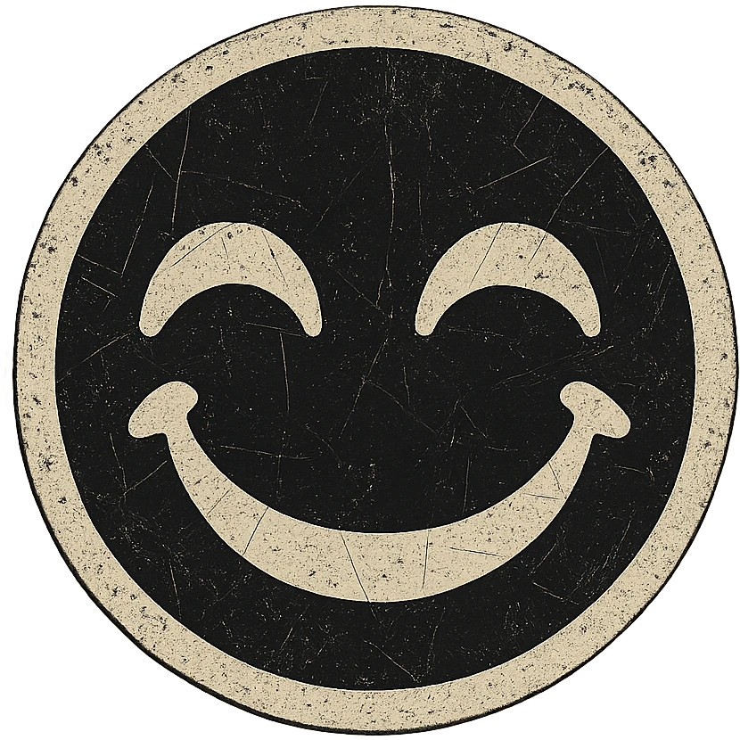 Create a dark, laughing emoji in retro-stickers style with clear black outlines, no gradients, and an aged effect including wear, scratches, and cracks. Inspired by the reference image provided. emoji