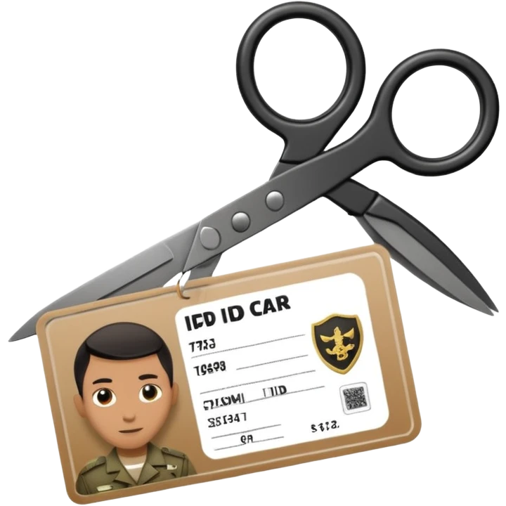 Floating black Scissors cutting in half an idf soldier ID card with a little chip in 2 parts emoji