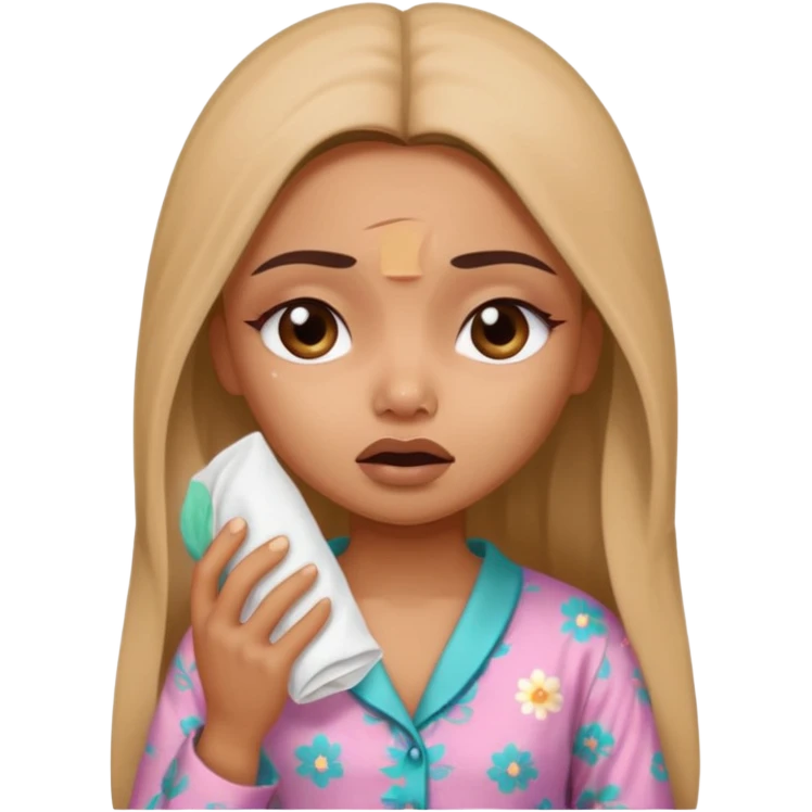 a pretty bratz fair indian girl wearing a brown pajamas, dark circles, crying, holding tissues emoji