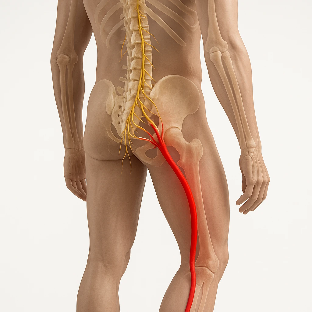 Hyperrealistic anatomical view of sciatica: human body standing with one leg slightly bent, visible spine, bones, and nerves, sciatic nerve highlighted in red, clear anatomical details, white background, 4K quality. emoji