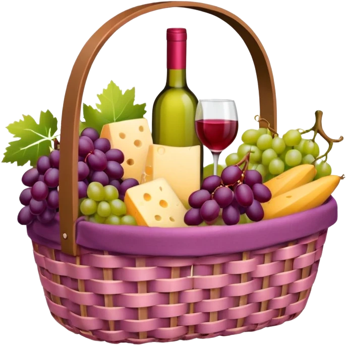 Food Basket, Pink basket, plaid lining, with both food, drink and fruits emoji