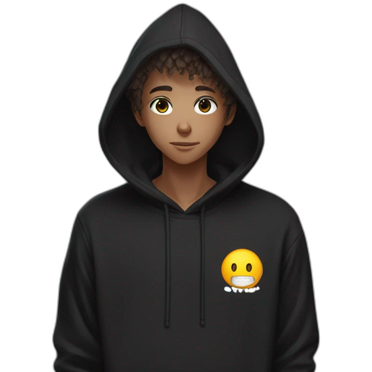 anime character in black hoodie back hairs ai guru written on his shirt emoji