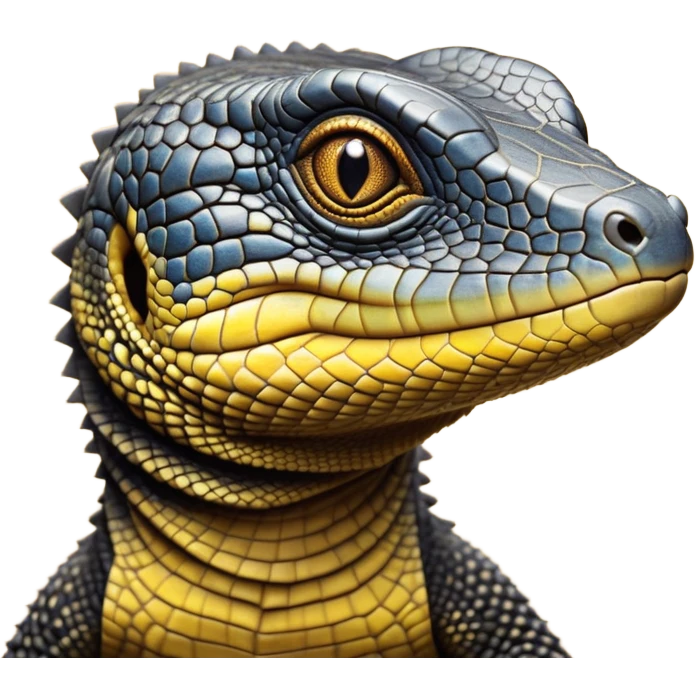 cinematic-realistic-cute-monitor-lizard-portrait-emoji,-head-tilted-playfully-and-inquisitively,-featuring-a-compact,-agile-body-with-finely-detailed,-glossy-scales-in-earthy-black and yellow-hues-and-a-distinct,-alert-face-with-bright,-curious-eyes, black , yellow spotted and green band  scales and a big long neck emoji