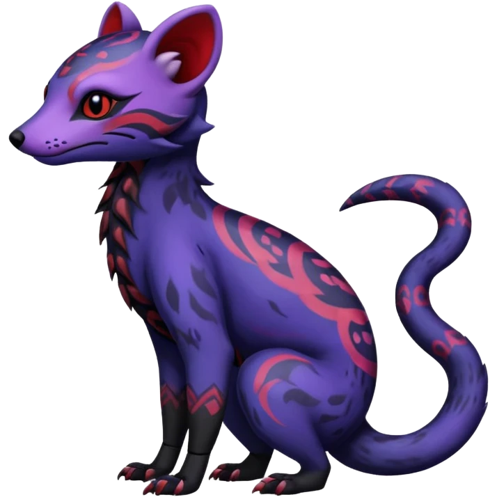 Rare warm-colored exotic gloomy tropical edgy cute epic aesthetic spooky indigo violet purple black red gothic colorful Salandit-Civet-species-Fakemon-hybrid-creature, with tribal tattoo markings, full body emoji