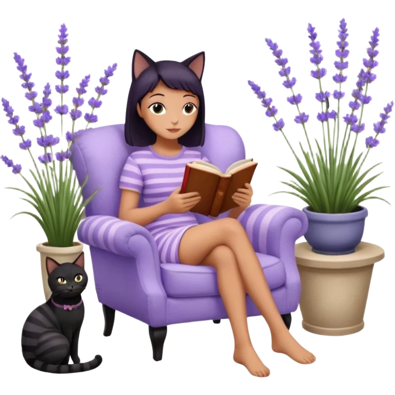 moji illustration, full body woman reading a book on a cozy armchair in a lavender garden, two separate cats next to her (one solid black cat, one brown tabby cat with stripes), small side table with coffee mug, soft peaceful vibe emoji