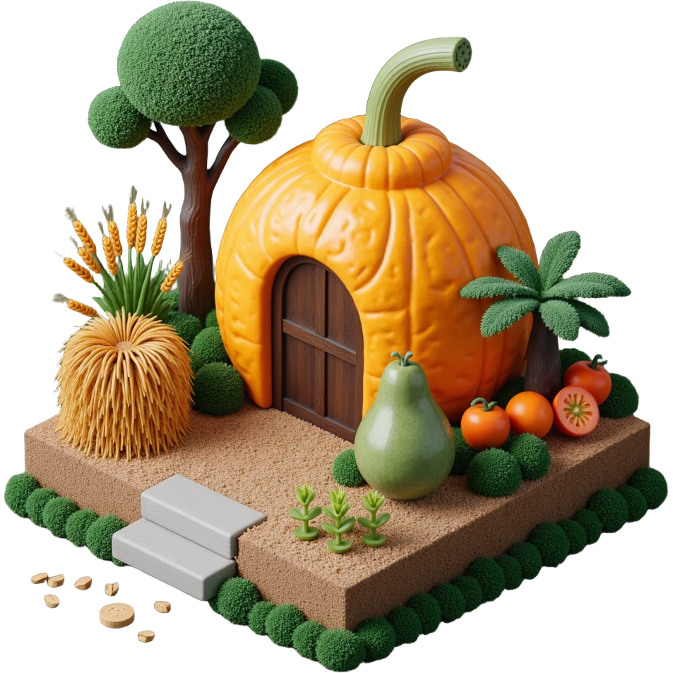 Exterior view of an alien farm built on a small square platform, strange organic buildings shaped like alien fruits, bizarre plant forms growing from glowing soil, twisted wheat and mutated vegetables, surreal atmosphere, emoji-style emoji