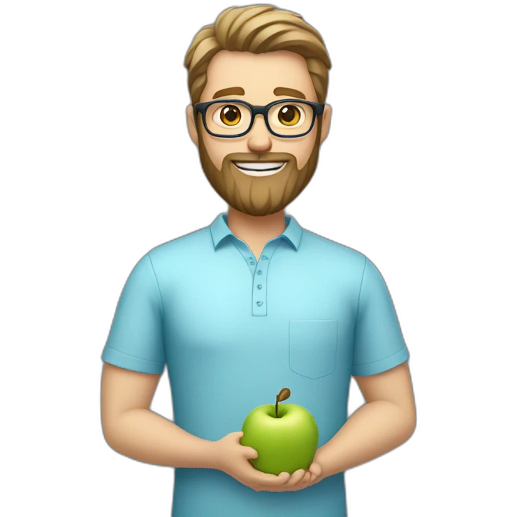 A male nutritionist with a full beard and dark blonde hair and white skin and glasses holding an apple in his hand. Who has a light blue shirt on. emoji