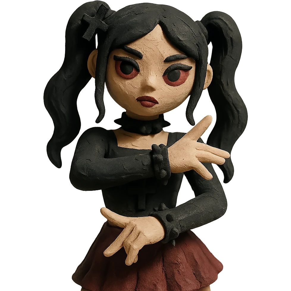 K-pop inspired gothic girl, claymation style, matte clay textures, gothic accessories, K-pop choreography pose emoji