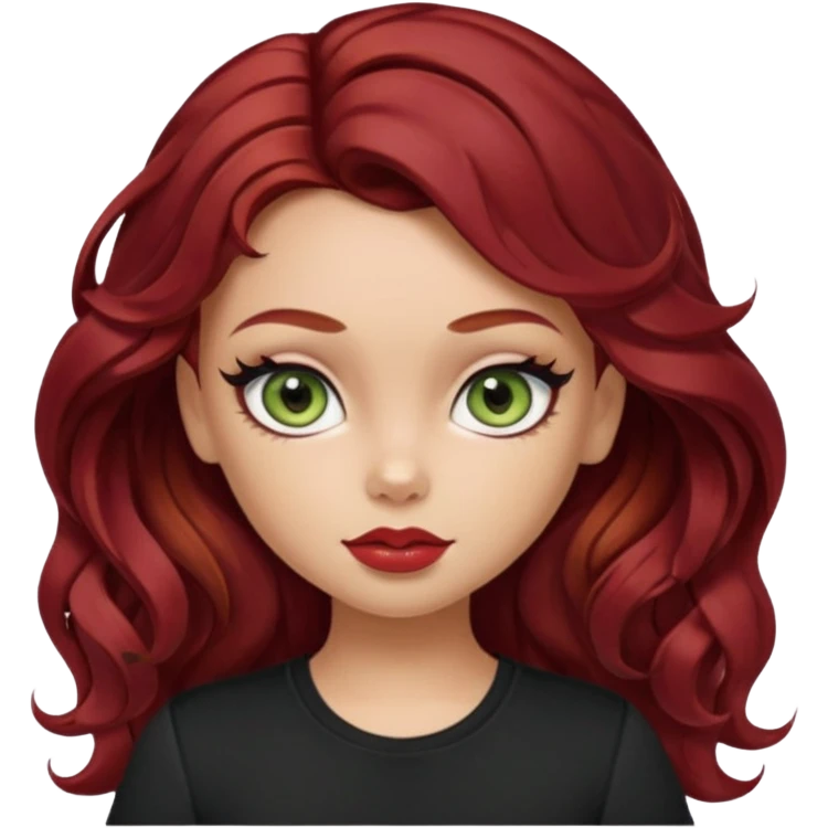 a pretty fair bratz girl with wavy dark red hair, wearing a black tee. eyeliner on, olive green eyes. Waist up emoji
