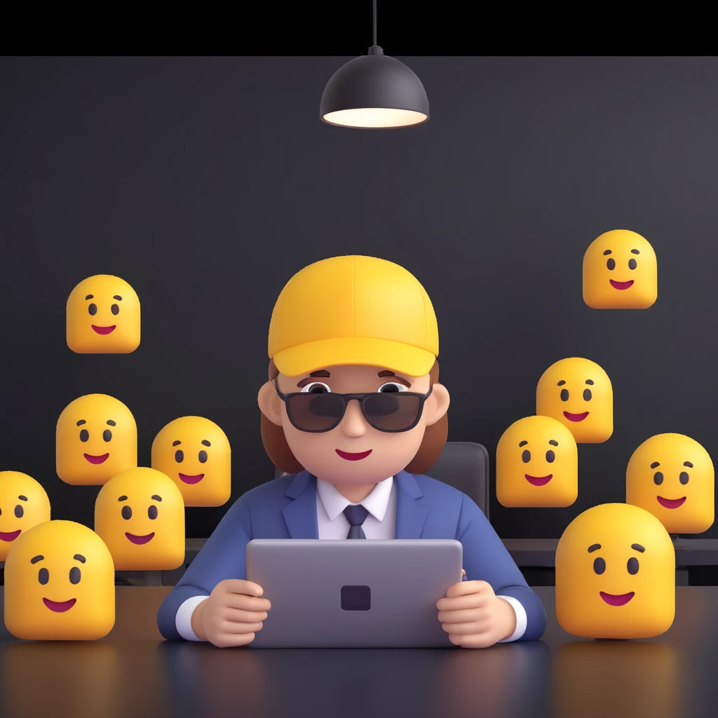 Show the millennial entrepreneur with cap and shirt in a modern meeting room, 3D emoji style. emoji