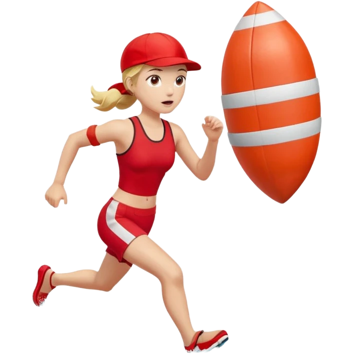 Female lifeguard – red cap, running along shore with rescue buoy emoji