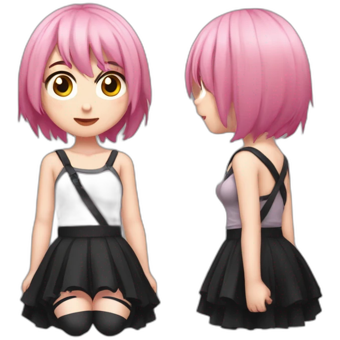 Full body Front view curvy emo girl pink hair sits on the floor straight view hands up black skirt полосатые рваные чулки emoji