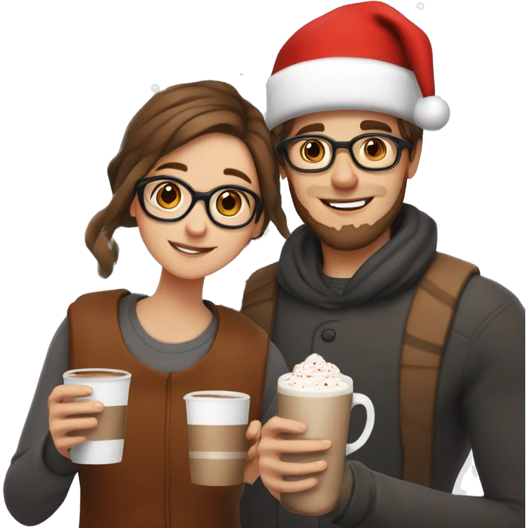 boy with brown hair and beard, brown eyes and square-rounded shaped glasses, and girl with white skin, brown straight hair and santa hat, both holding a white cup with hot chocolate emoji