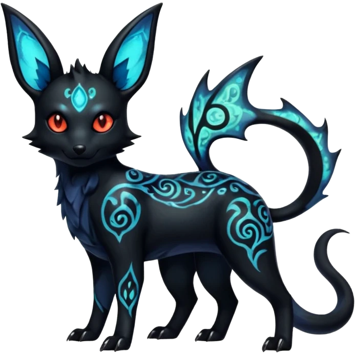 Shiny Fiery Dark Glowing Eldritch Horror Cool Edgy Badass Emo Glorious Demonic Batty Punky Aural Iridescent Fluorescent Bioluminescent Umbreon-Amaura-Salandit-Litten-Flareon-Fakémon-fusion (full body) with intricate pattern markings emoji