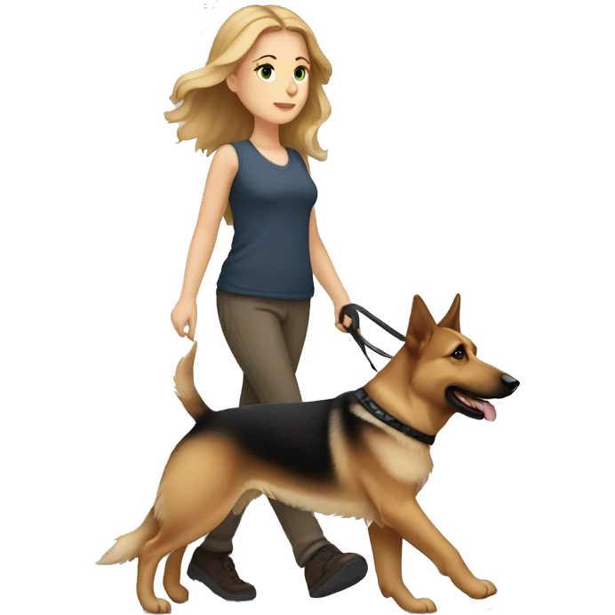 white girl with light brown hair walking a german shepherd dog  emoji