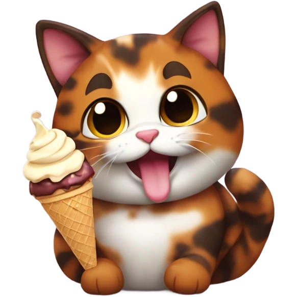 Cute fat tortoiseshell cat eating ice cream emoji