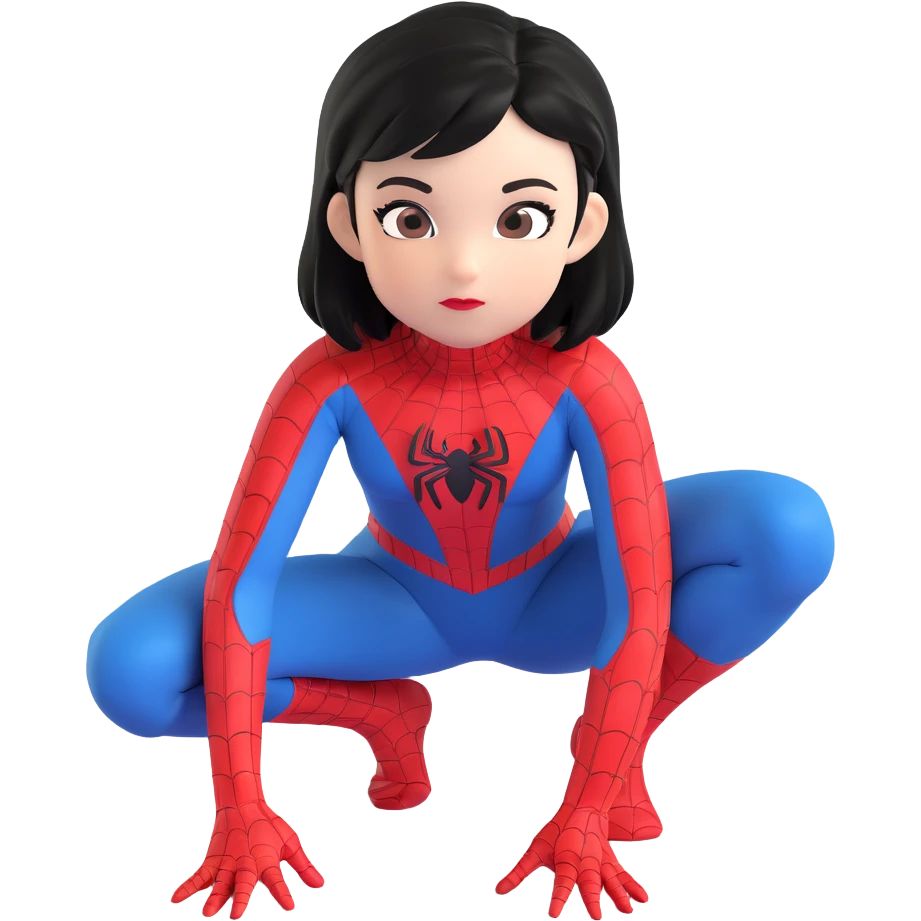 girl with black hair crouching in a Spiderman suit, ready to leap emoji