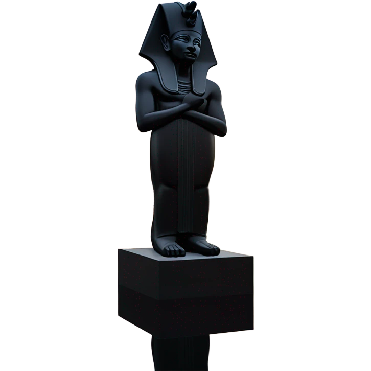 Osiris obsidian statue on granite 30 ton , massive size, sunlight behind, sunset colors, reflections on black stone polished clean perfect, photography angles emoji