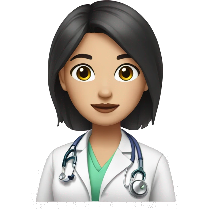 doctor, black hair, girl, white skin, straight hair, freckles, green-brown eyes, pink lips emoji