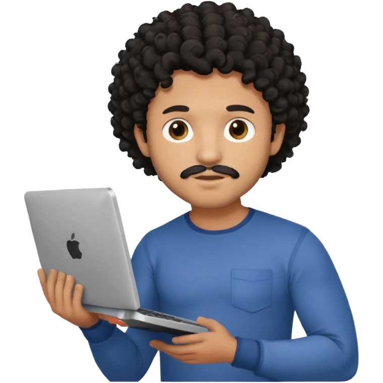 men holding his computer in hands. light brown skin men with curly black hair, dark brown eyes, little grown beard. ust a tiny bit muscular. dressed casual. round face. emoji