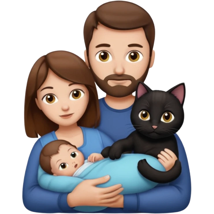 1 mom brown hair, 1 dad NO beard, 1 baby and 1 black cat emoji