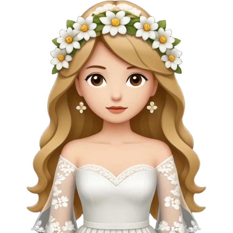 Chica blanca, cabello castaño, recogido en moño alto con mechones, vestido novia de manga larga, cuerpo entero, ramo de flores en una mano emoji