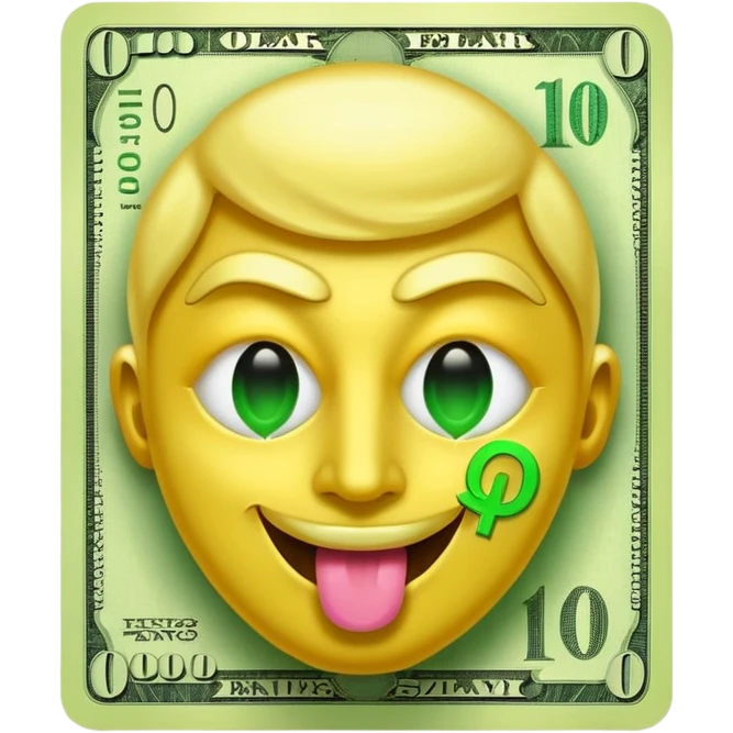 money face emoji. The face should be bright yellow, with exaggerated dollar-sign eyes glowing in neon green, and a tongue sticking out shaped like a crisp $100 bill. Add a shiny, golden aura behind the face emoji