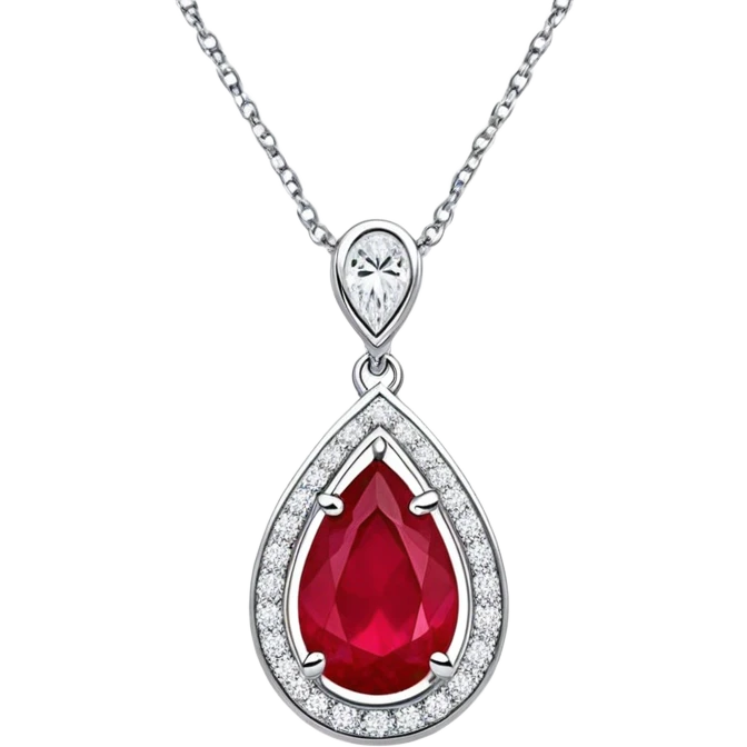 teardrop-shaped ruby pendant cradled in a delicate silver chain, haloed by shimmering white stones emoji