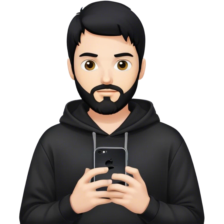 hackeur blanc cheveux noir barbe et capuche noir avec un iphone emoji