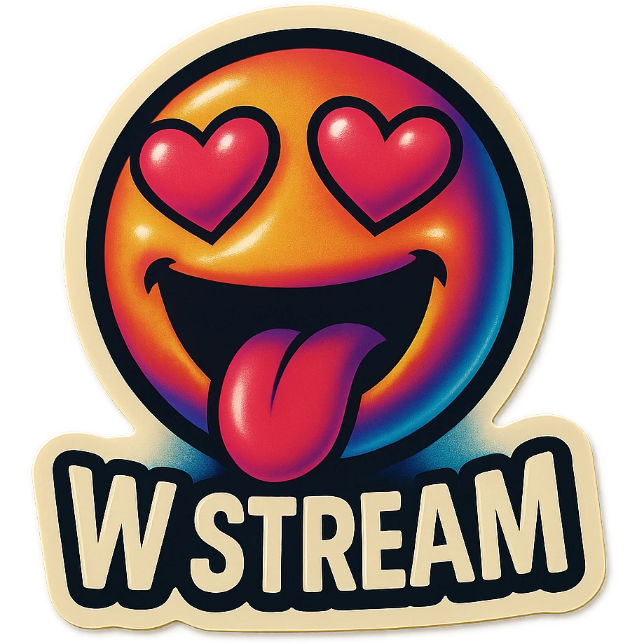mouth open with tongue out heart shaped eye add the words “ W Stream " in White emoji