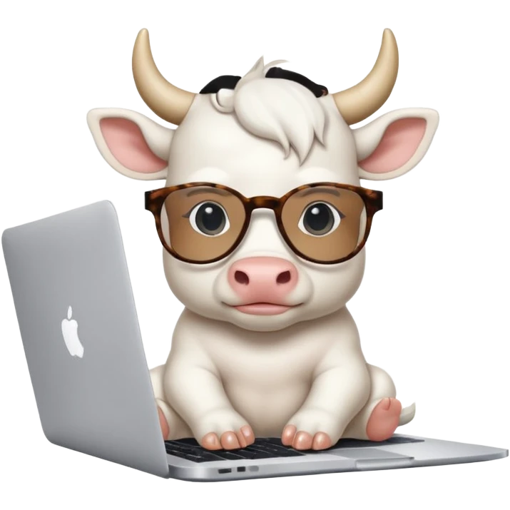 baby white bull in fancy glasses sitting in front of a macbook, working  emoji