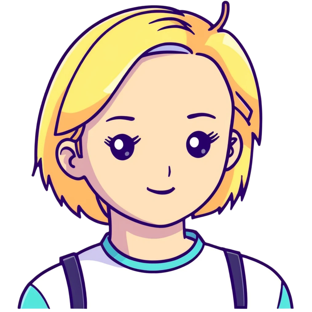Poppy music artist, blonde woman with pastel colors, android-like expression emoji