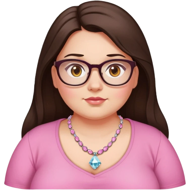  woman, long dark brown hair, very fair skin,hazel eyes, glasses, very chubby, pink shirt, diamond necklace emoji
