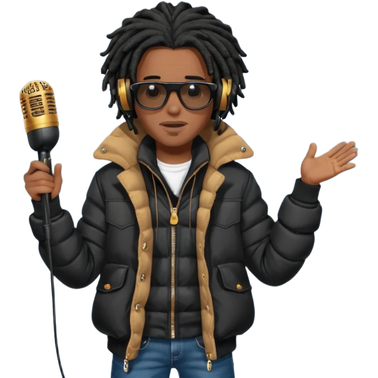 African American man brown skin complexion with black dreadlocks shoulder length wearing black bubble winter coat wearing black sunglasses with denim skinny jeans and timberland boots wearing headphones and rapping into a studio microphone emoji