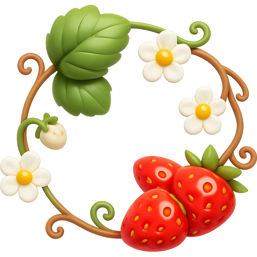 Create a 3D iOS-style illustration of a strawberry wreath featuring green leaves, white strawberry flowers, ripe strawberries, an elegant circular vine, soft lighting, and a glossy effect. The image should have no background. Use the GPT Image style for editing. emoji