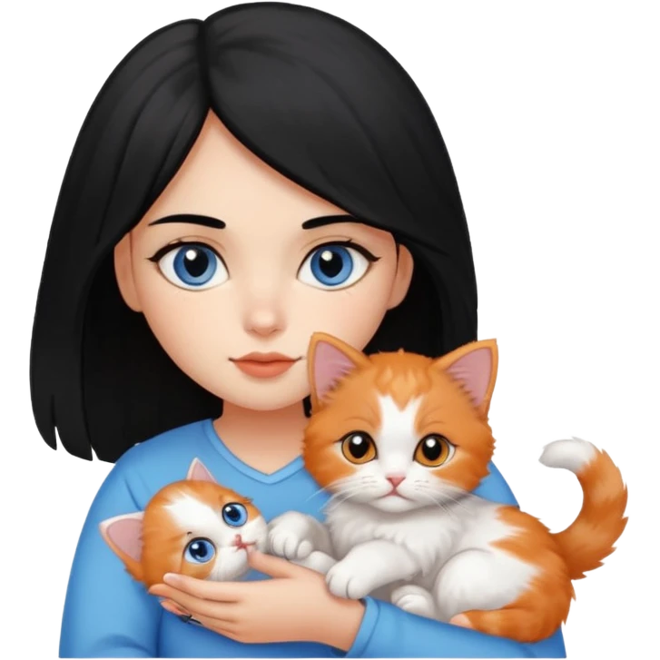 A girl black hair and brown eyes with A 2-month-old Persian-Angora mix kitten with blue eyes and mostly ORANGE fur with white patches emoji