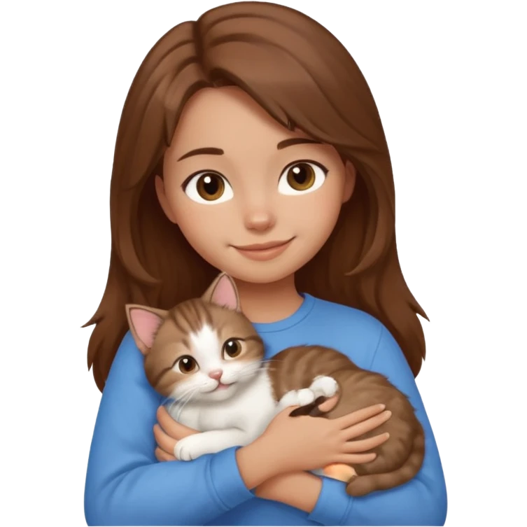 Create an emoji that has a girl wearing a blue shirt and brown hair snuggling a kitten. Smiling emoji