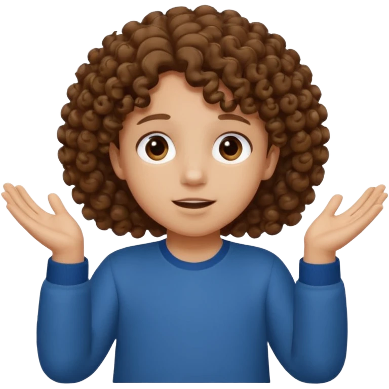 A kid with curly hair with both hands facing up saying 67 emoji