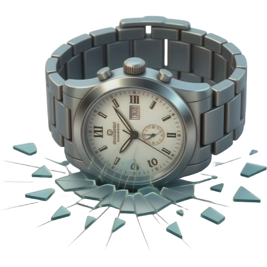 A wristwatch fallen on the ground with its glass cracked and slightly shattered. The strap is twisted, small glass fragments scattered nearby. Subtle scratches on the surface, suggesting impact. Soft dramatic lighting, no people, clean floor background, realistic and detailed. emoji