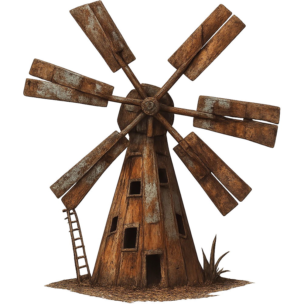 Make the windmill look rusty and weathered, preserving the junkyard and uneven blade details. Keep the transparent background intact. The style should reflect a weathered, rusty look while maintaining the junkyard and uneven blade details. emoji
