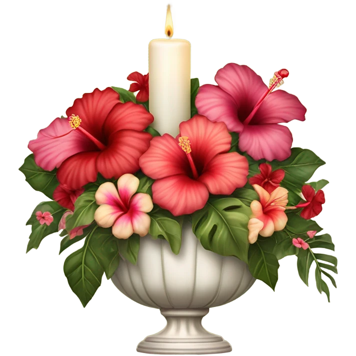 A vintage floral arrangement of hibiscus with a satin ribbon and a candlelit setting
 emoji