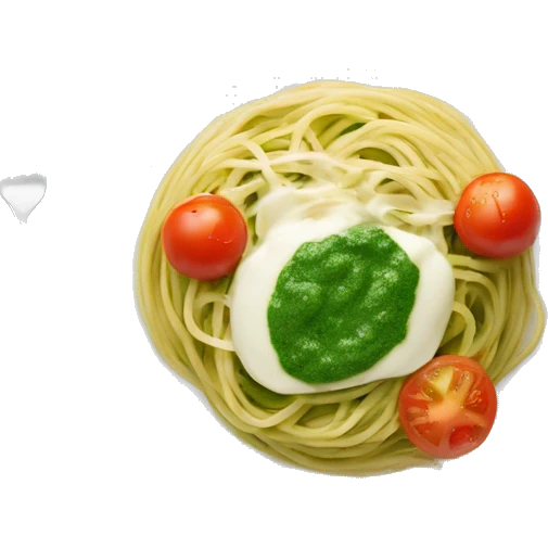 A white plate with spaghetti with green pesto with mozarella and tomato  emoji