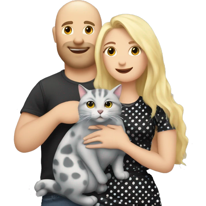 3 objects - a beautiful blonde with long hair and a polka-dotted dress, a bald handsome man in a cap and a rock T-shirt, and a fat gray cat with black spots. The man hugs the blonde and holds the cat in his hands emoji